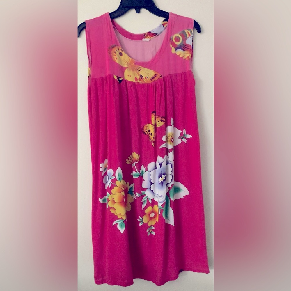 Vintage Cotton Sleeveless Shift Dress Pink Huge Yellow Butterflies Floral Print